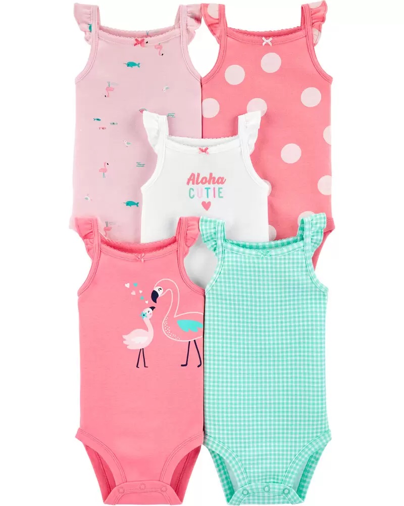 [1H357010] BG /  3M / Bodysuits / 5-Pack Flutter Tank Bodysuits / Pink/Turquoise/White / Carter's